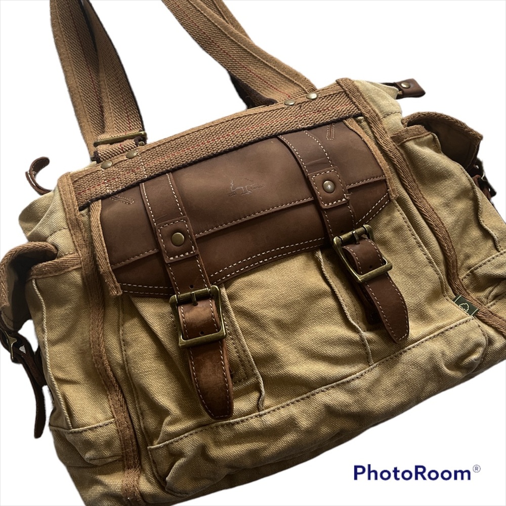 TSD BRAND GENUINE LEATHER AND COTTON BROWN HANDBAG, POCKETS, SNAP CLOSURE